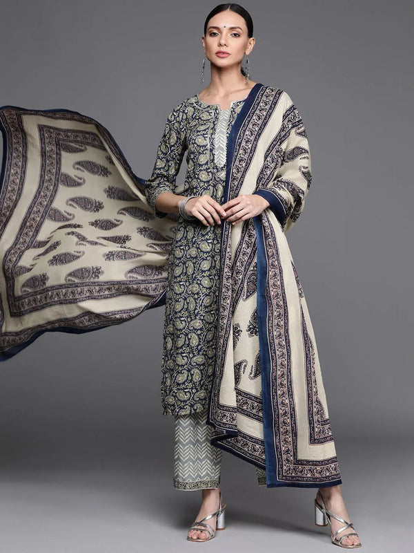 Blue Printed Cotton Suit Set - Jashvi