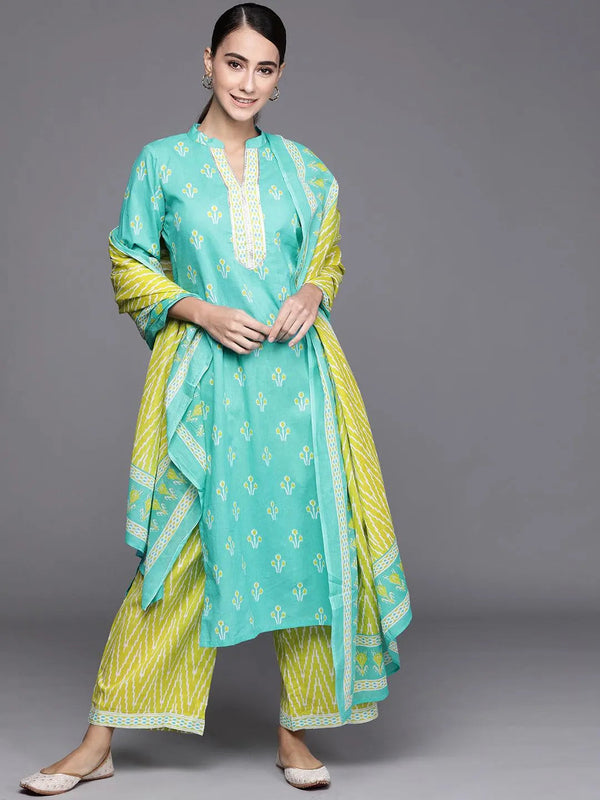 Blue Printed Cotton Suit Set - Jashvi