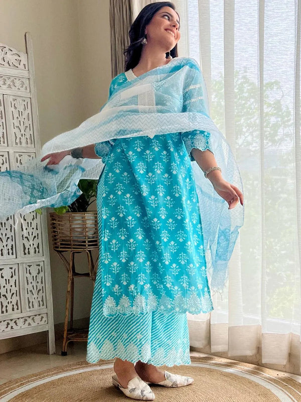 Blue Printed Cotton Suit Set - Jashvi