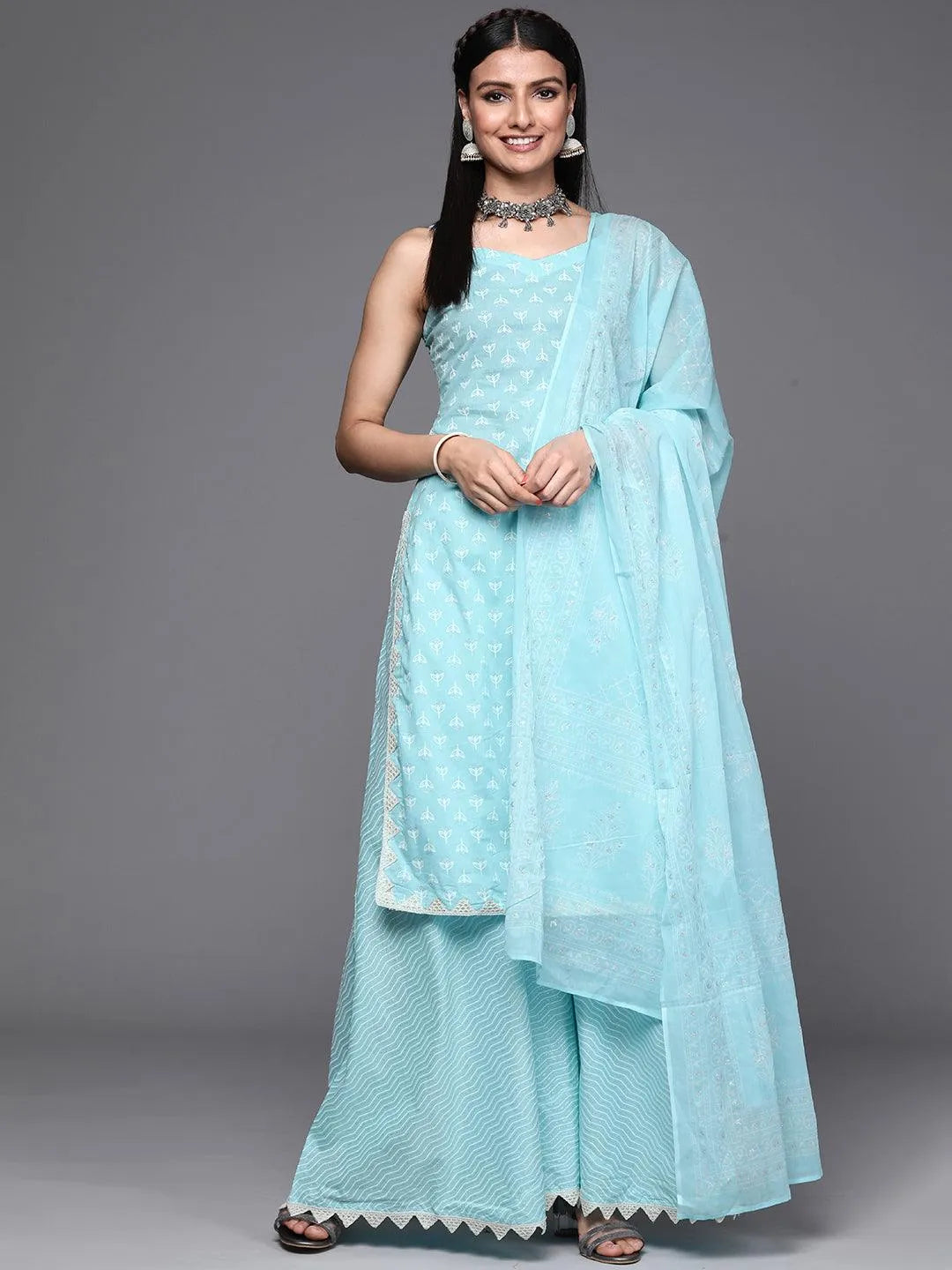 Blue Printed Cotton Suit Set - Jashvi