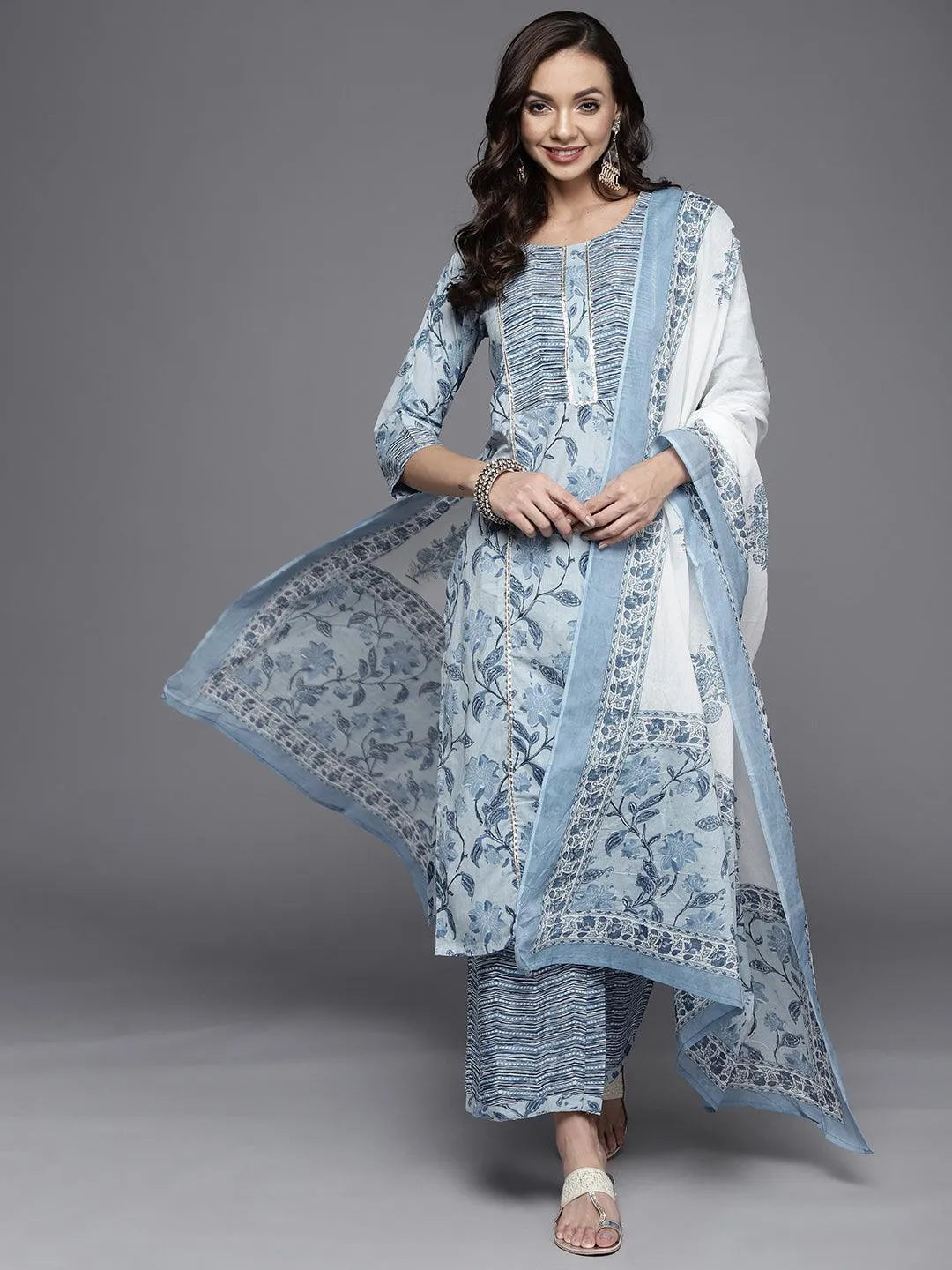 Blue Printed Cotton Straight Suit Set - Jashvi