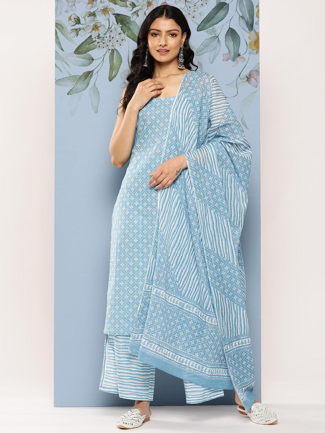 Blue Printed Cotton Straight Suit Set With Palazzos - Jashvi