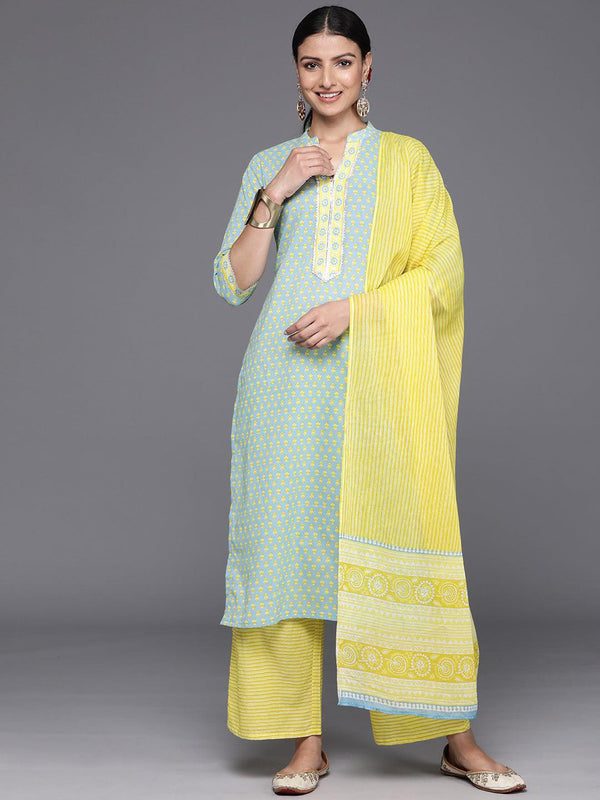 Blue Printed Cotton Straight Kurta With Palazzos & Dupatta - Jashvi