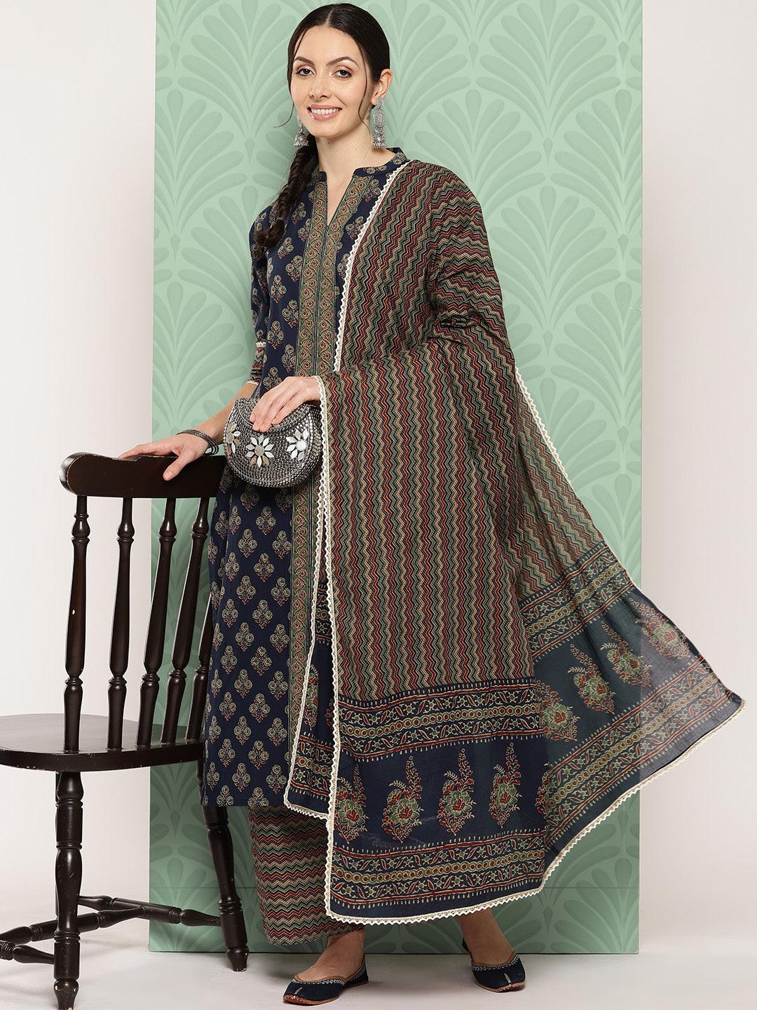 Blue Printed Cotton Straight Kurta With Palazzos & Dupatta - Jashvi