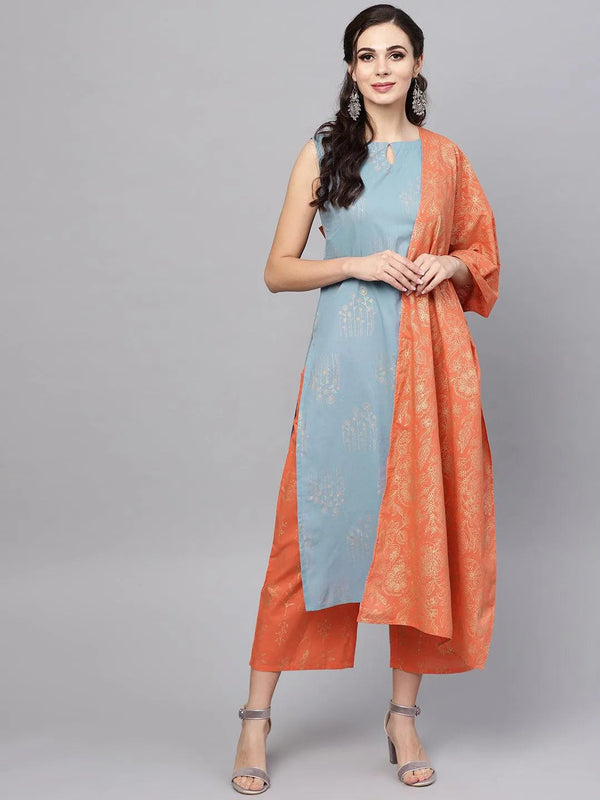 Blue Printed Cotton Suit Set - Jashvi