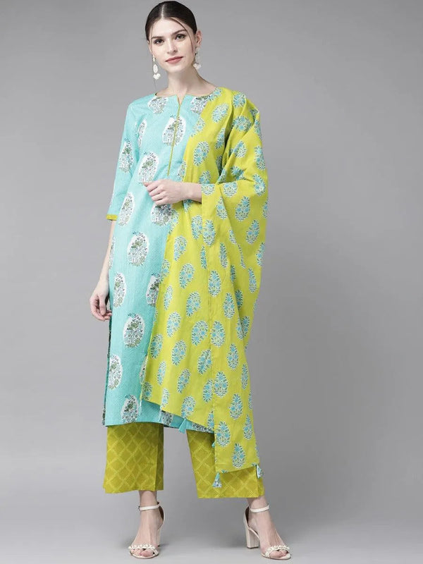 Blue Printed Cotton Suit Set - Jashvi