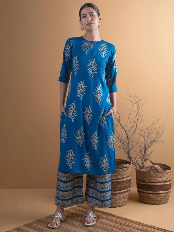 Blue Printed Cotton Kurta Set - Jashvi