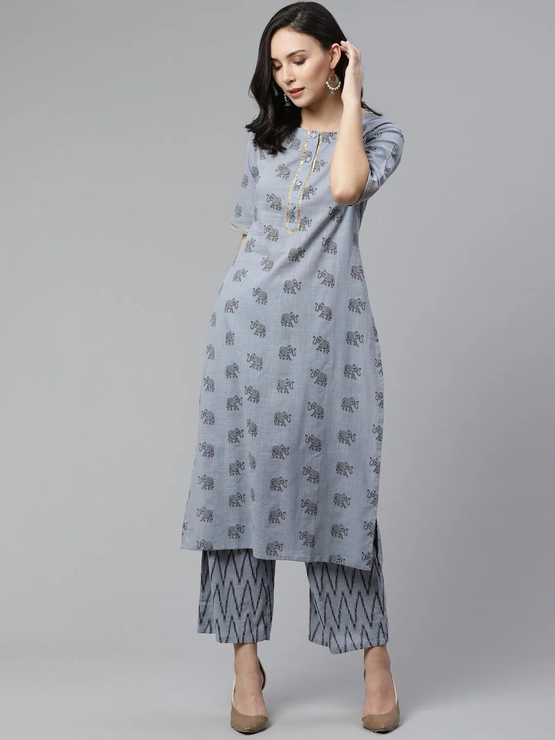 Blue Printed Cotton Kurta Set - Jashvi