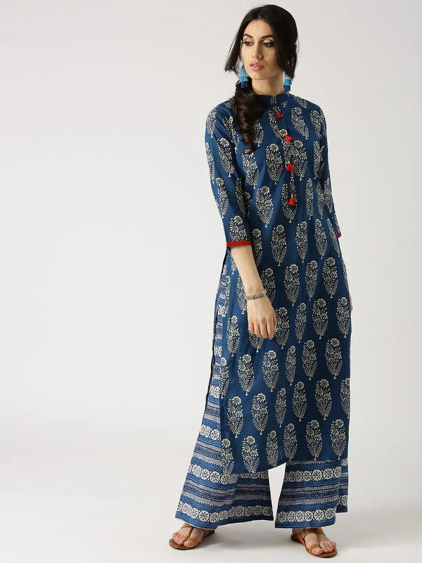 Blue Printed Cotton Kurta Set - Jashvi