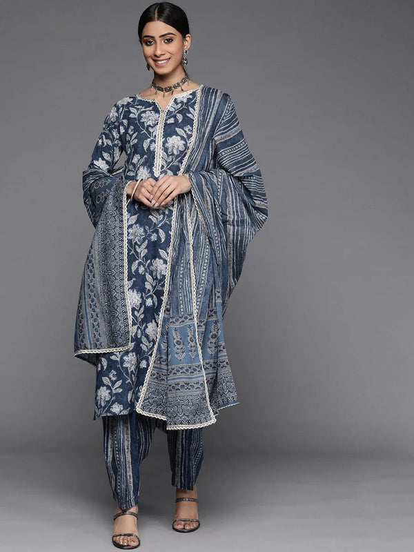 Blue Printed Cotton Suit Set - Jashvi