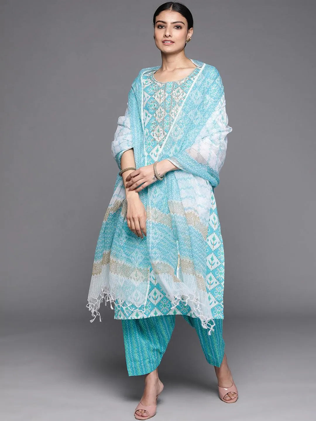 Blue Printed Cotton Suit Set - Jashvi