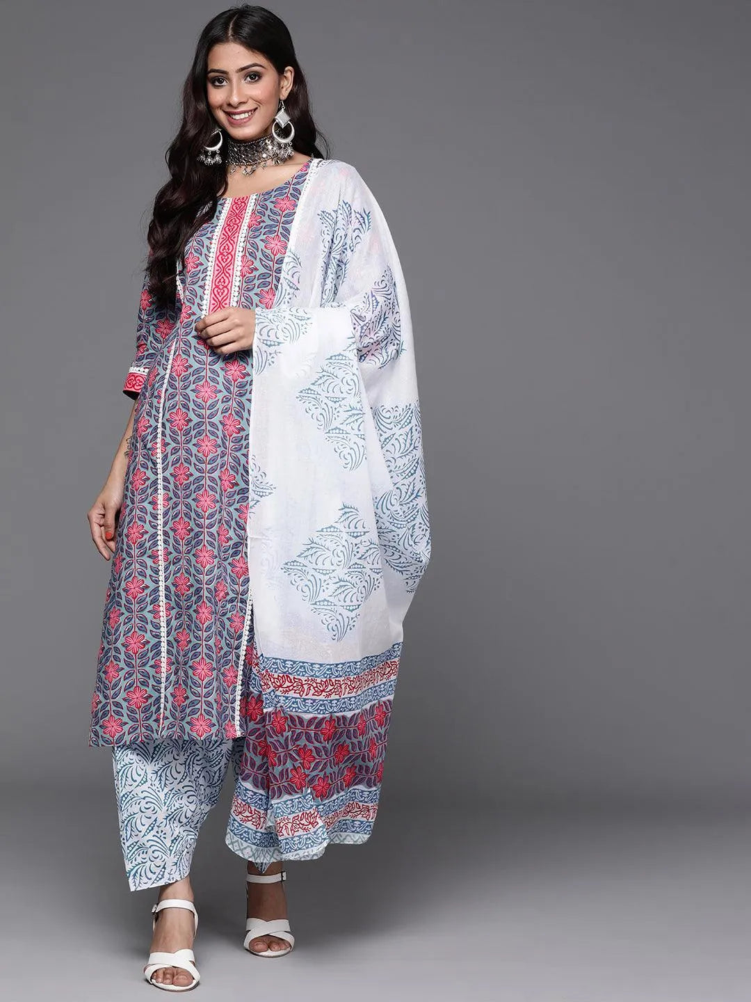 Blue Printed Cotton Suit Set - Jashvi