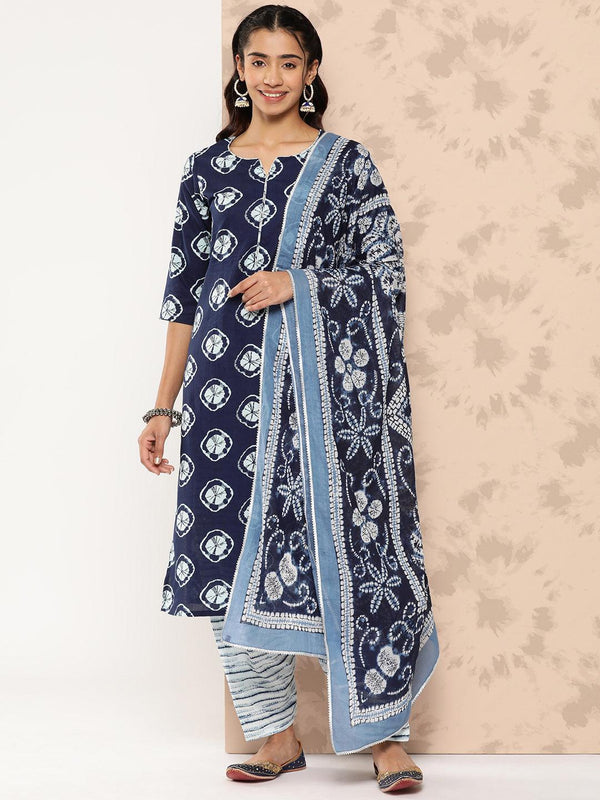 Blue Printed Cotton Straight Kurta With Salwar & Dupatta - Jashvi