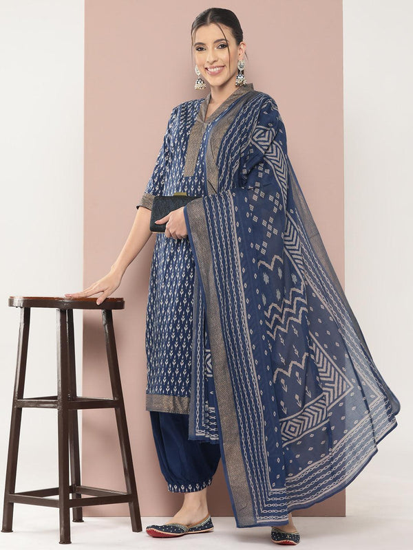 Blue Printed Cotton Straight Kurta With Salwar & Dupatta - Jashvi