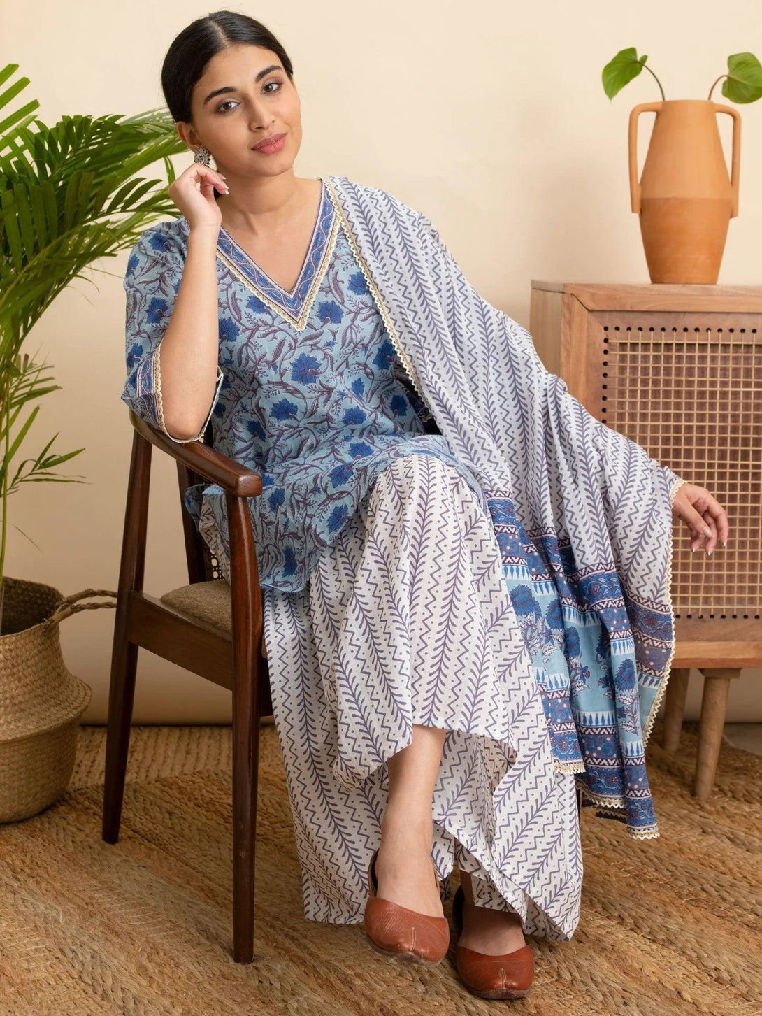 Blue Printed Cotton Suit Set - Jashvi