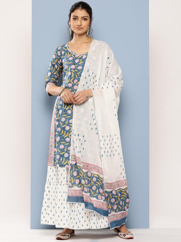 Blue Printed Cotton Straight Suit Set With Skirt - Jashvi