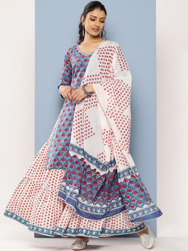 Blue Printed Cotton Straight Suit Set With Skirt - Jashvi