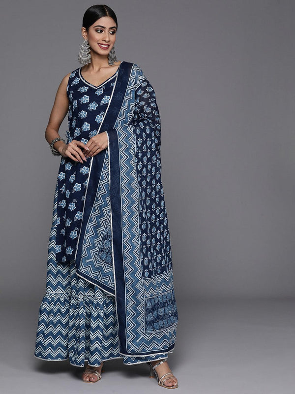 Blue Printed Cotton Straight Kurta With Sharara & Dupatta - Jashvi