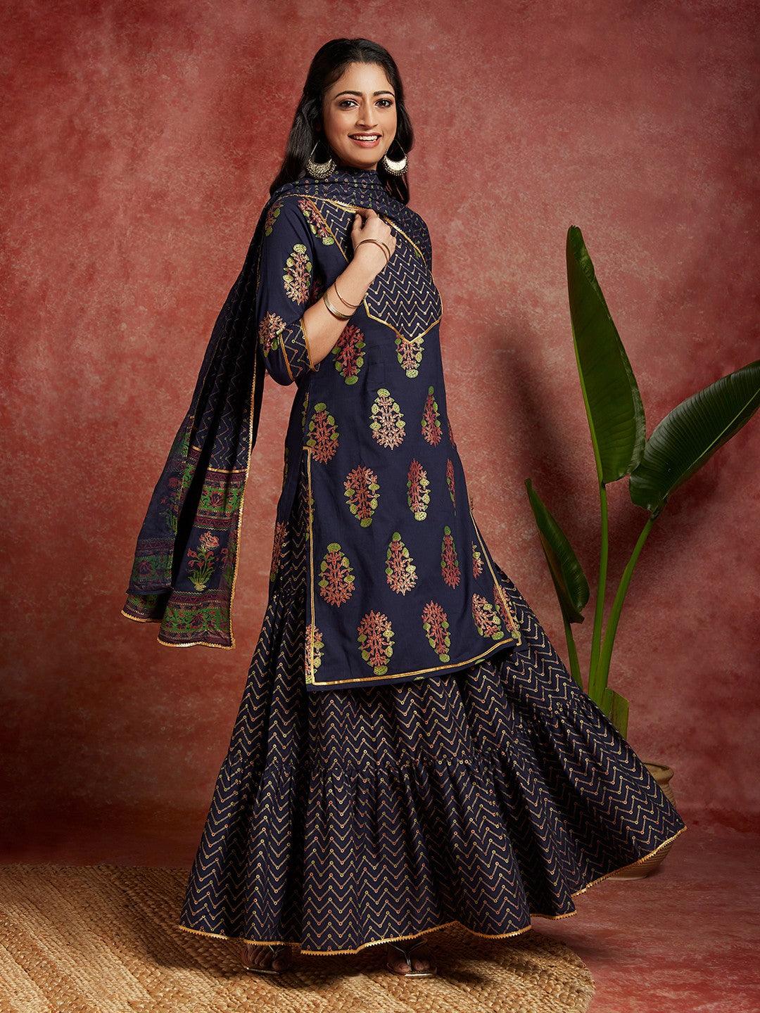 Blue Printed Cotton Straight Kurta With Skirt & Dupatta - Jashvi