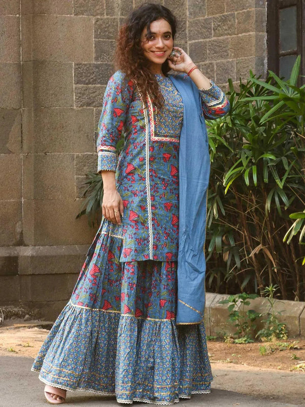 Blue Printed Cotton Suit Set - Jashvi