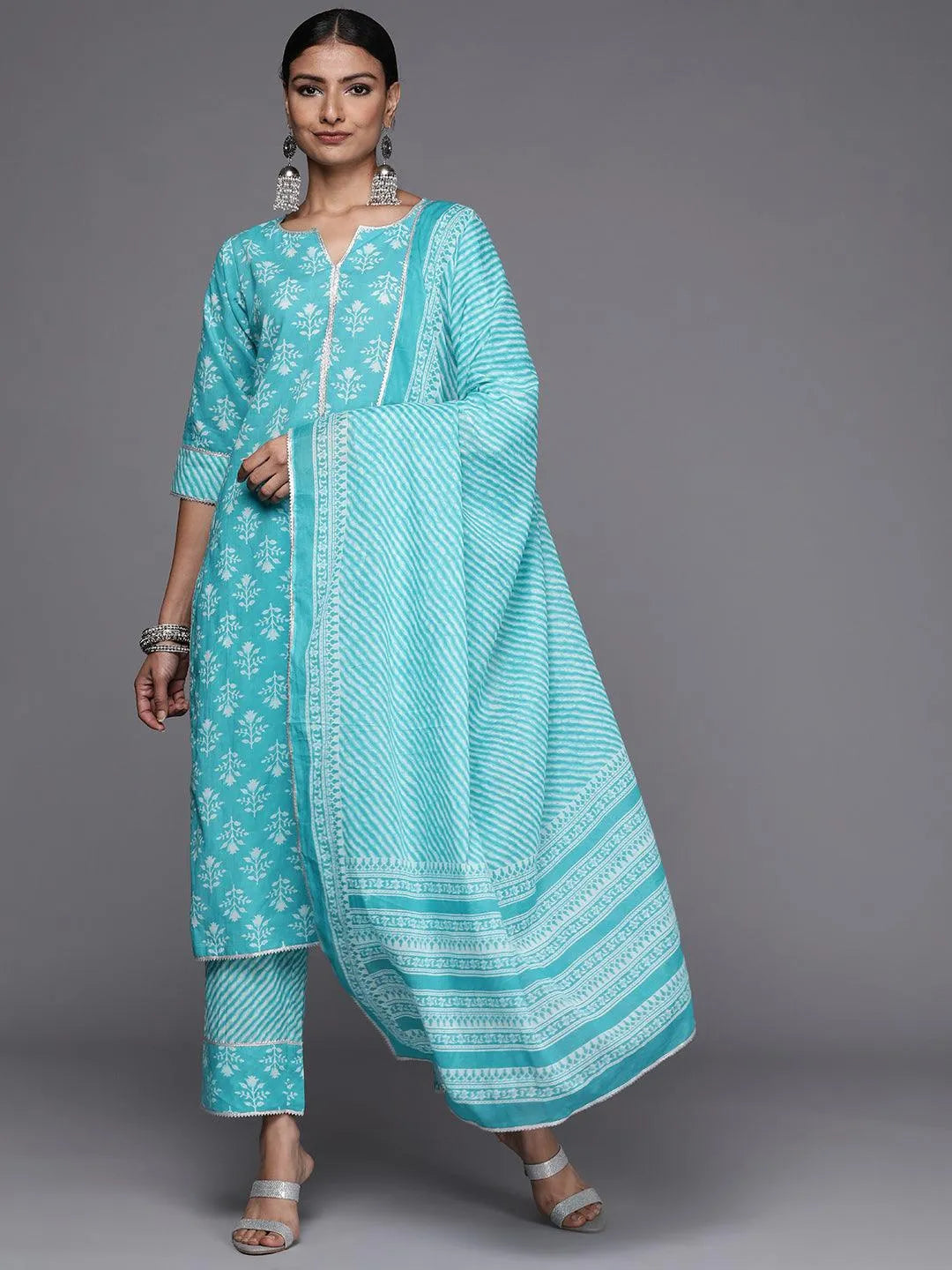 Blue Printed Cotton Straight Suit Set - Jashvi