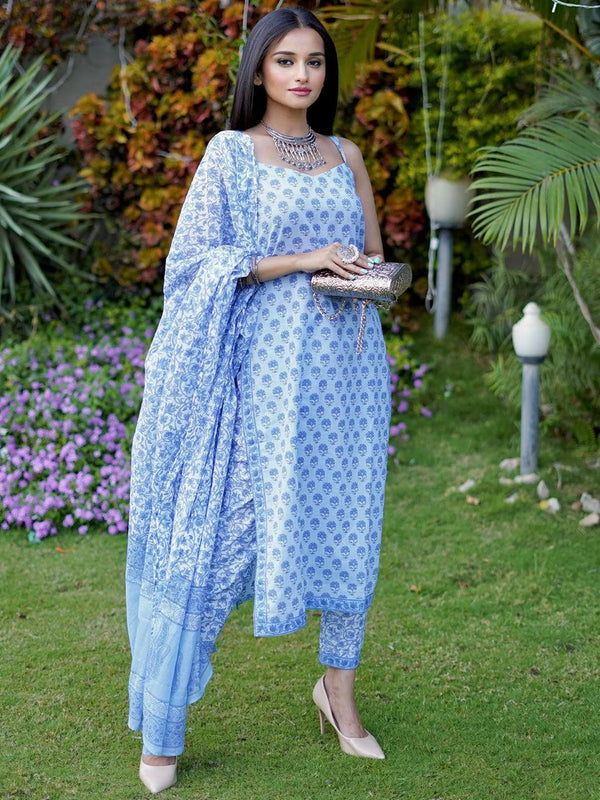 Blue Printed Cotton Straight Suit Set With Trousers - Jashvi