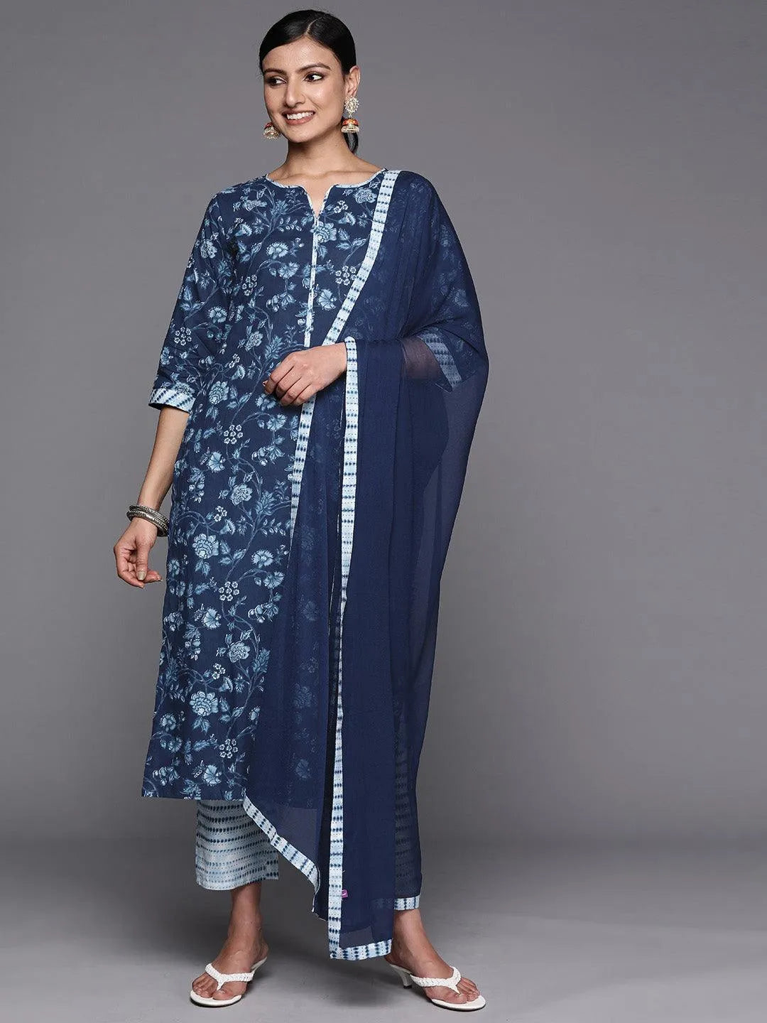 Blue Cotton Printed Straight Suit Set With Trousers - Jashvi