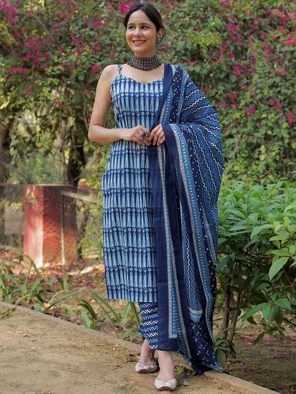 Blue Printed Cotton Suit Set With Trousers - Jashvi