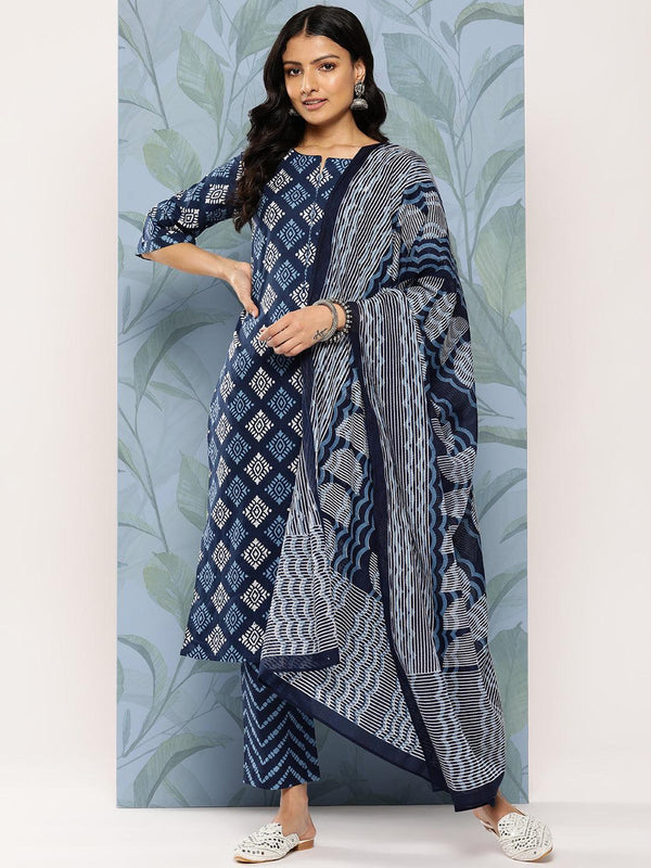 Blue Printed Cotton Straight Suit Set With Trousers - Jashvi