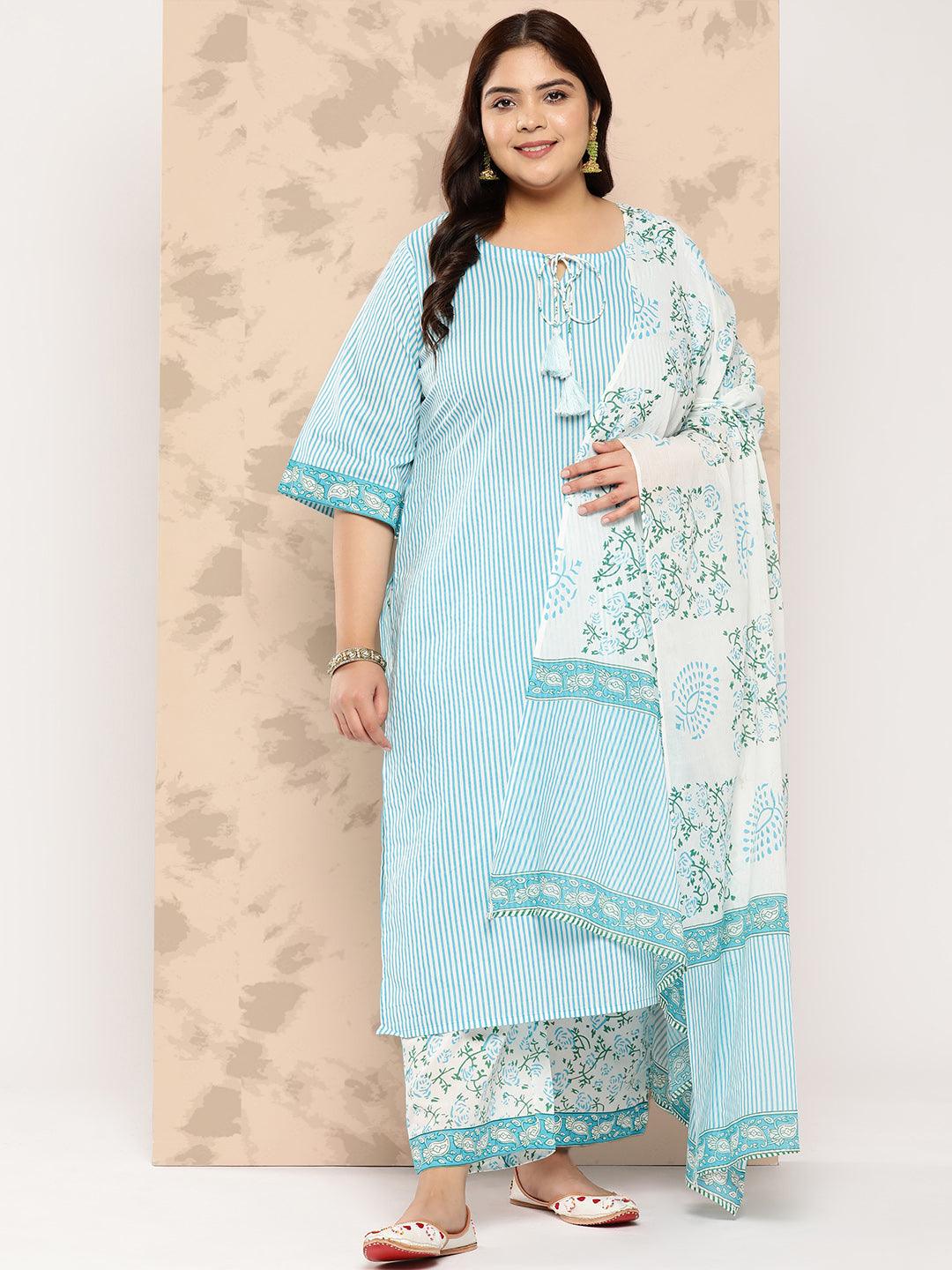 Blue Printed Cotton Straight Kurta With Trousers and Dupatta - Jashvi