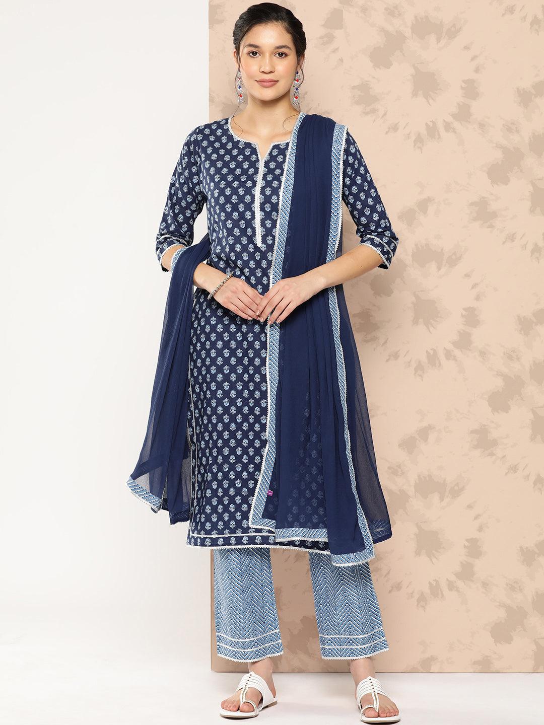 Blue Printed Cotton Straight Kurta With Trousers and Dupatta - Jashvi