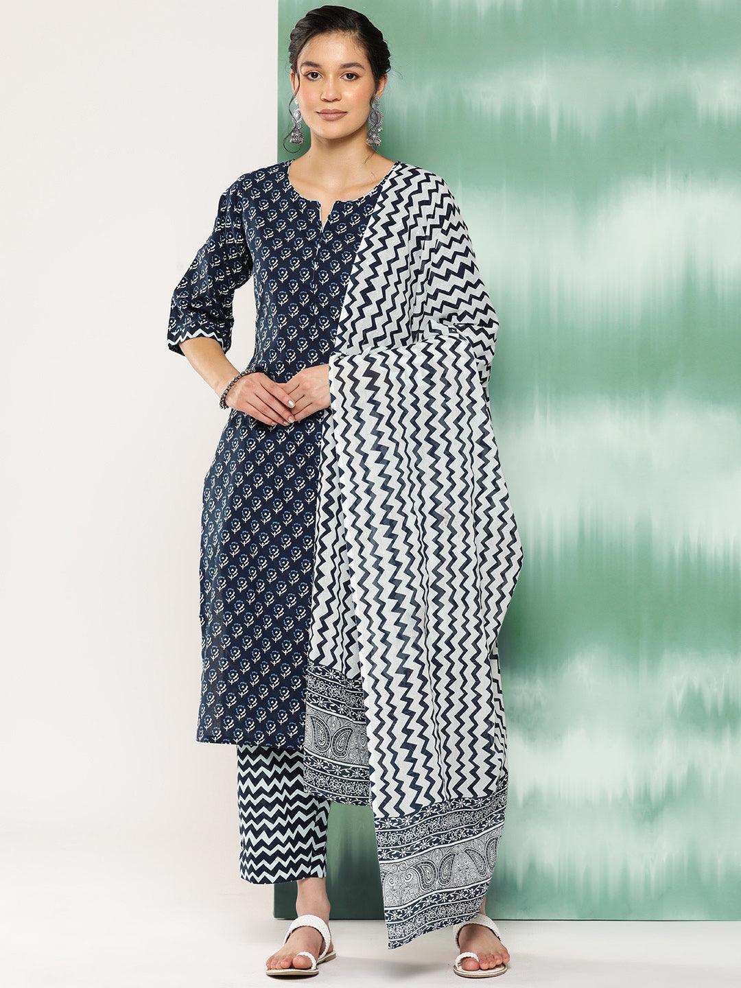 Blue Printed Cotton Straight Kurta With Trousers and Dupatta - Jashvi