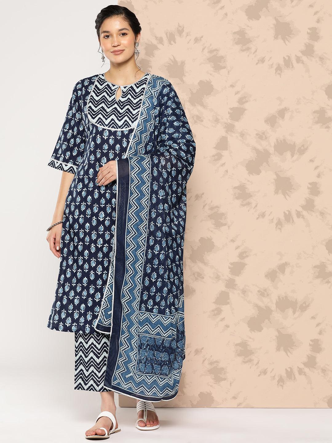 Blue Printed Cotton Straight Kurta With Trousers and Dupatta - Jashvi