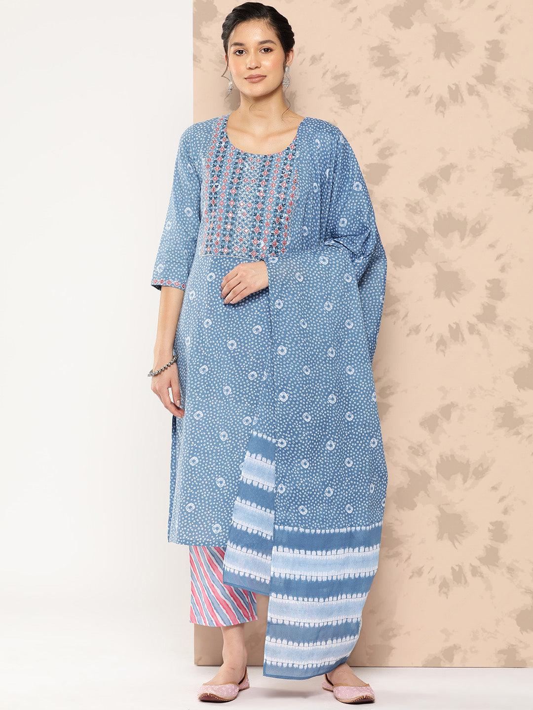 Blue Printed Cotton Straight Kurta With Trousers and Dupatta - Jashvi