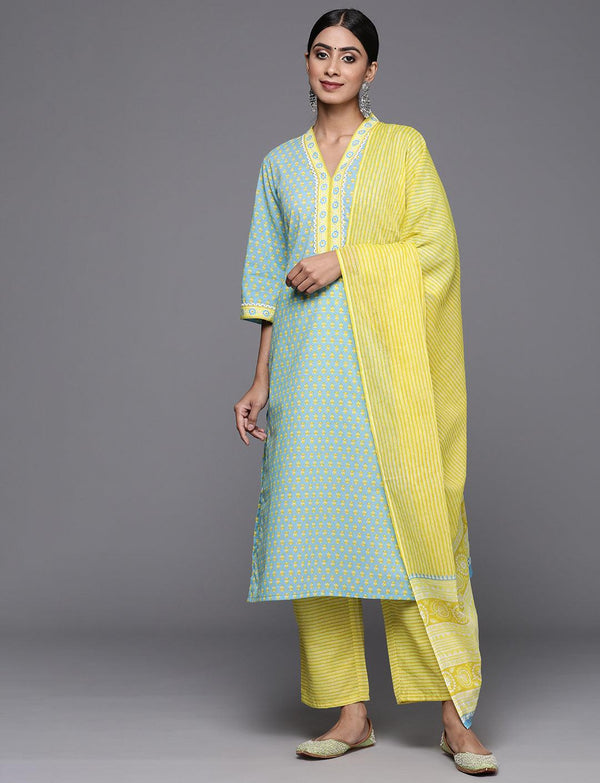 Blue Printed Cotton Straight Kurta With Trousers & Dupatta - Jashvi