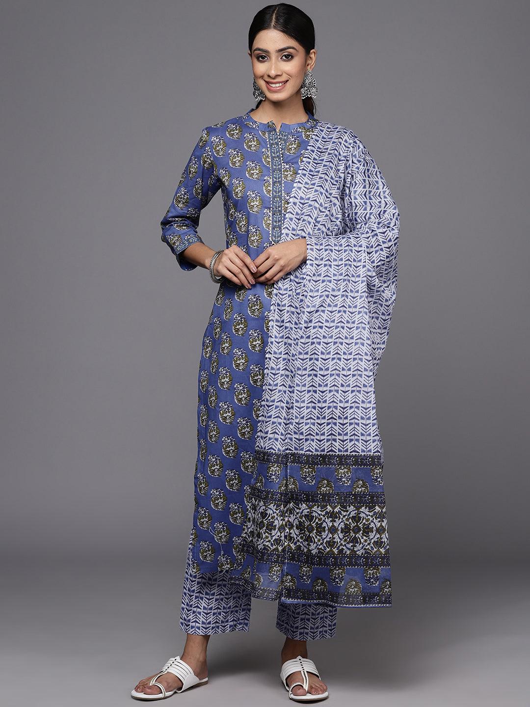 Blue Printed Cotton Straight Kurta With Trousers & Dupatta - Jashvi