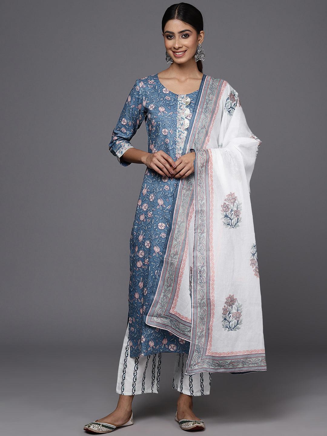 Blue Printed Cotton Straight Kurta With Trousers & Dupatta - Jashvi