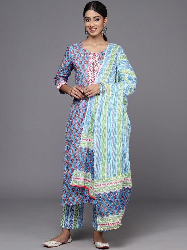 Blue Printed Cotton Straight Kurta With Trousers & Dupatta - Jashvi