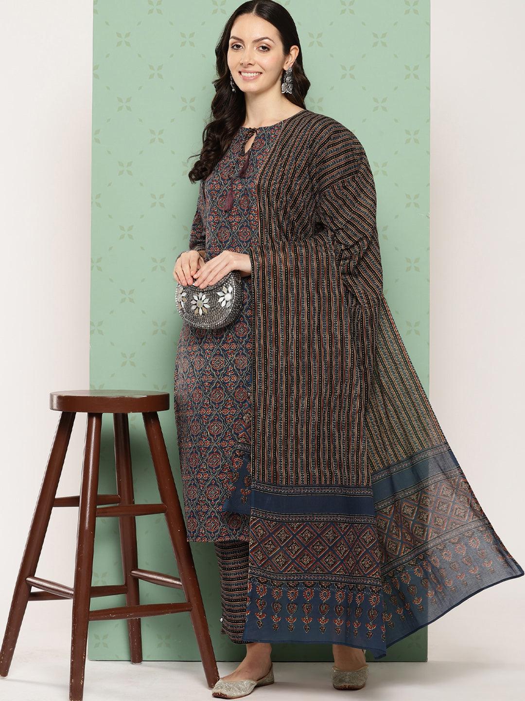 Blue Printed Cotton Straight Kurta With Trousers & Dupatta - Jashvi