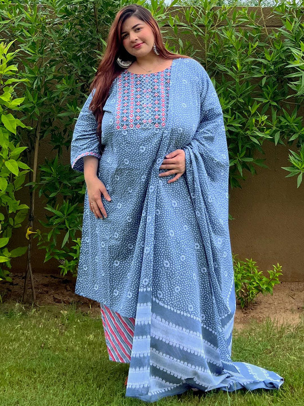 Blue Printed Cotton Straight Kurta With Trousers and Dupatta - Jashvi