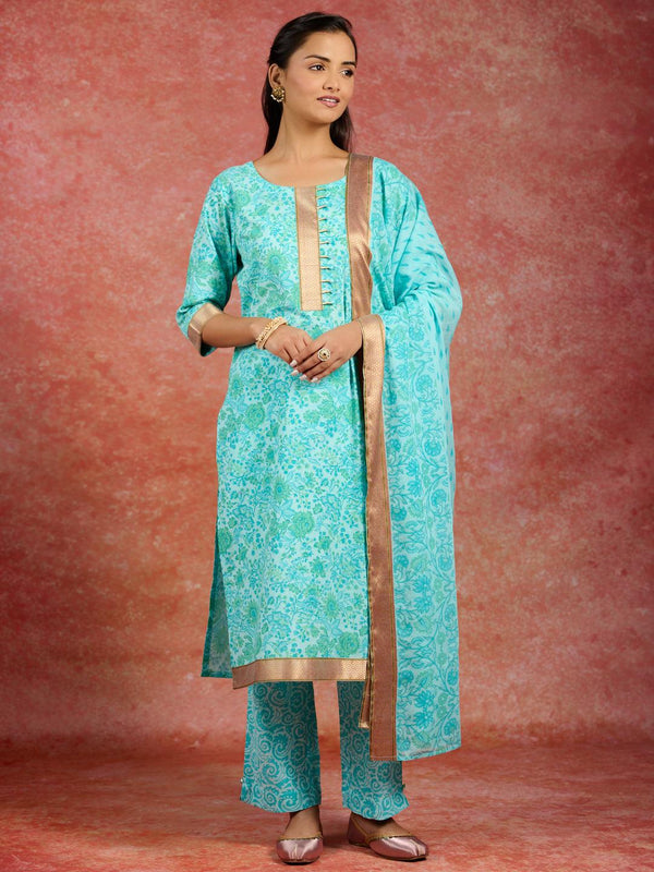 Blue Printed Cotton Straight Kurta With Trousers & Dupatta - Jashvi