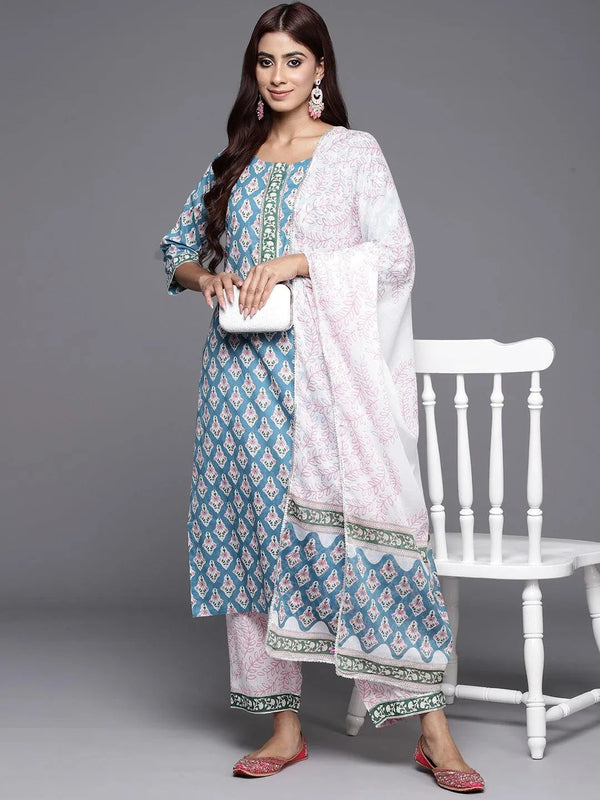 Blue Printed Cotton Straight Kurta With Trousers & Dupatta - Jashvi