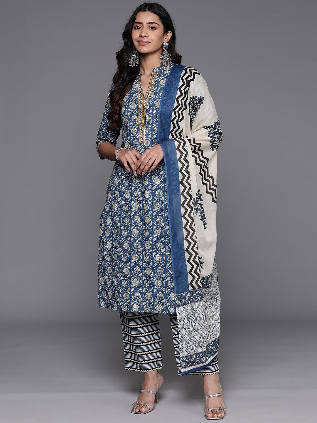 Blue Printed Cotton Straight Kurta With Trousers & Dupatta - Jashvi