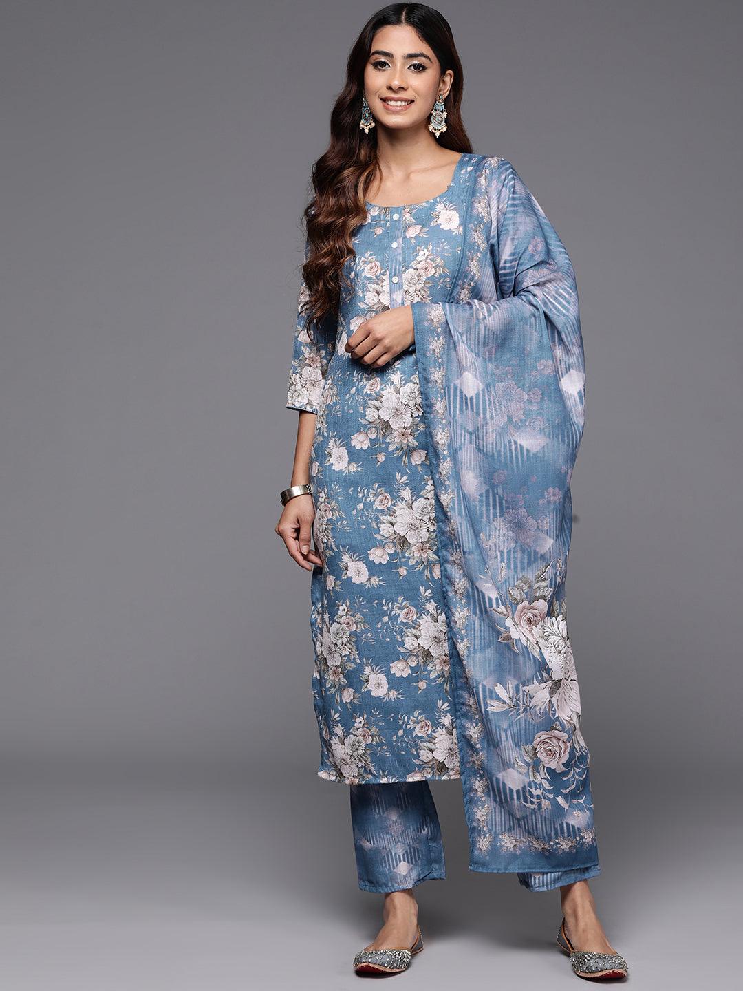 Blue Printed Cotton Straight Kurta With Trousers & Dupatta - Jashvi