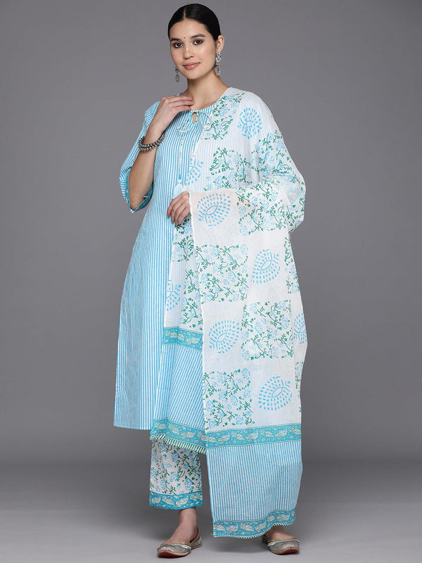 Blue Printed Cotton Straight Suit Set With Trousers - Jashvi