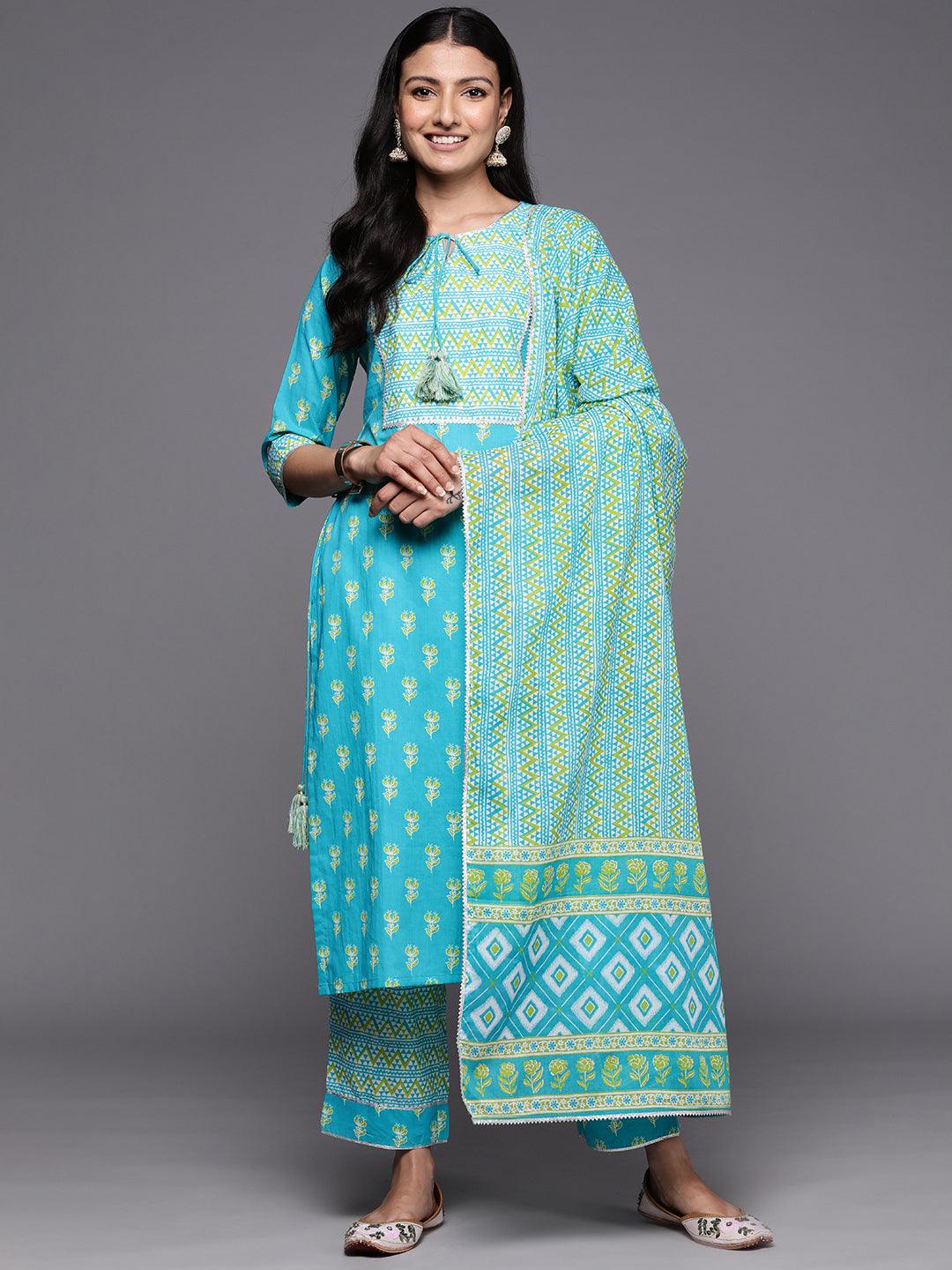 Blue Printed Cotton Straight Suit Set With Trousers - Jashvi