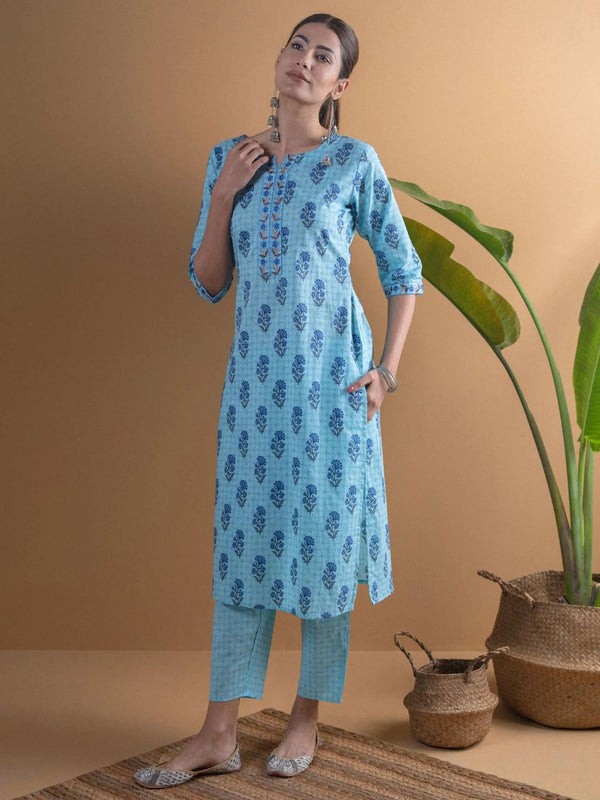 Blue Printed Cotton Kurta Set - Jashvi