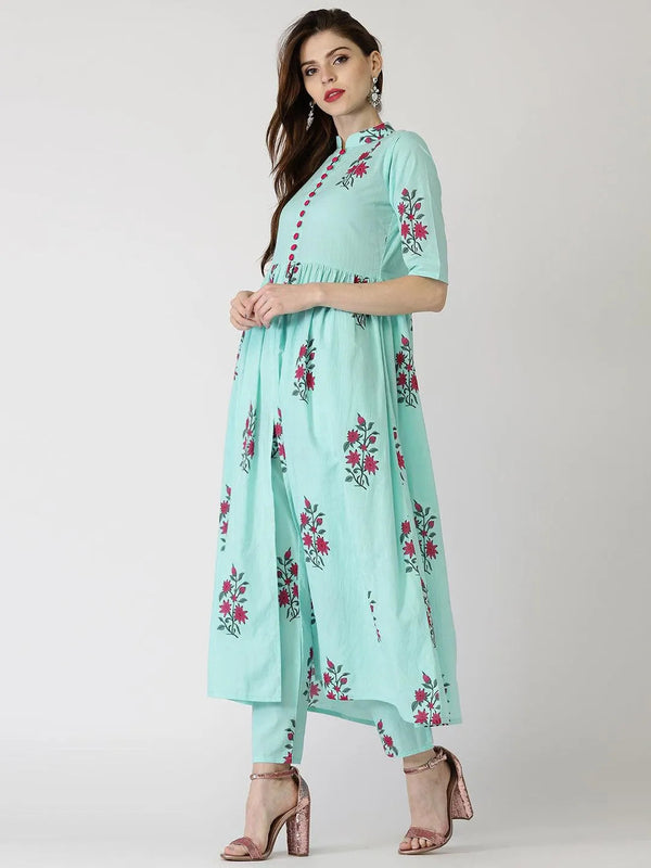 Blue Printed Cotton Kurta Set - Jashvi