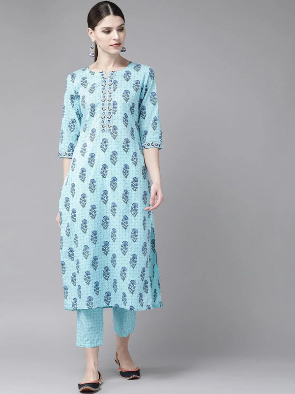 Blue Printed Cotton Kurta Set - Jashvi