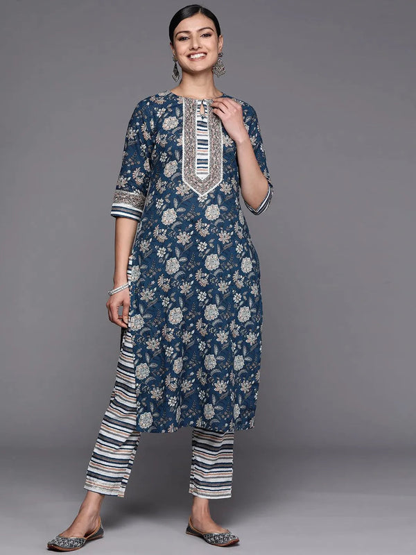 Blue Printed Cotton Straight Kurta Set With Trousers - Jashvi